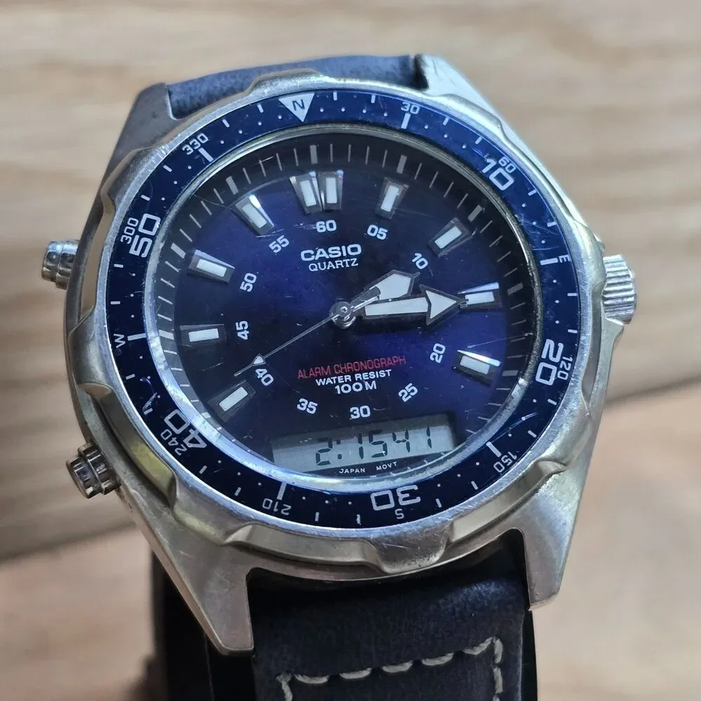 Vintage Casio AMW-320R Arnie Ana-Digi Alarm Chronograph Blue Leather
